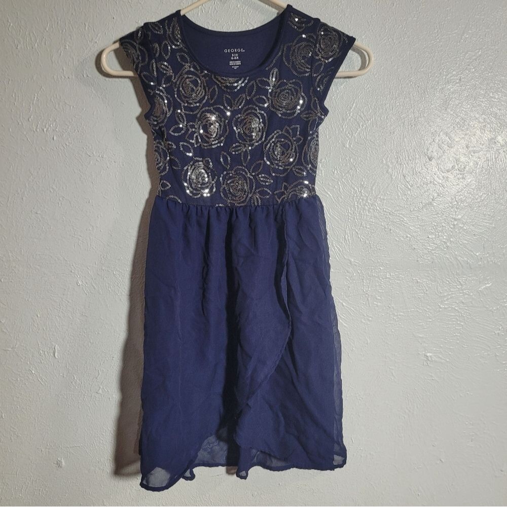 George Girls' Dress - Size 6 - Navy Blue with Silver Sequin Roses